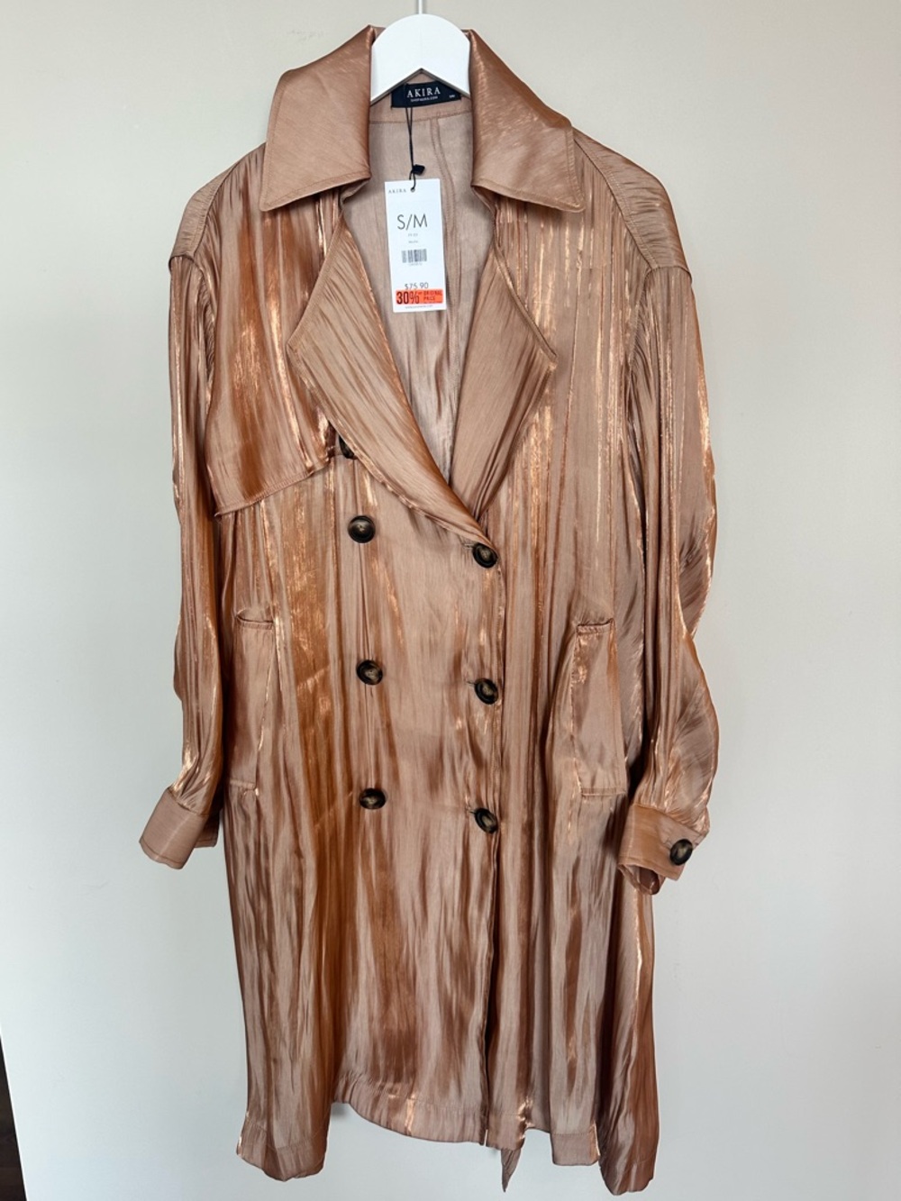 AKIRA Metallic Rose Gold Double-Breasted Trench Coat